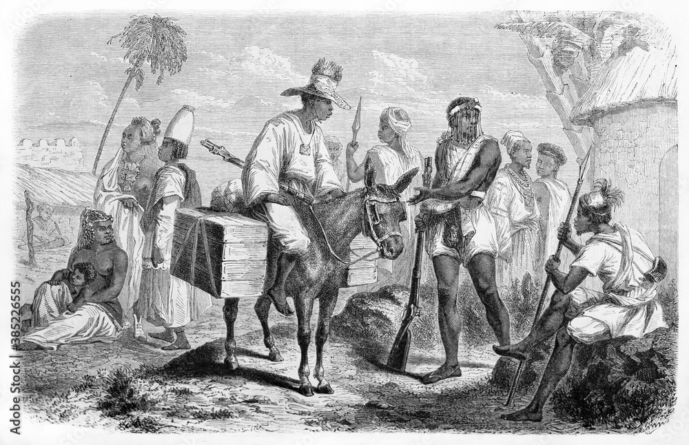 group of black Senegal Fula and Wolof armed and horseback people outdoor in village. Ancient grey tone etching style art by Duvaux after Raffenel, published on Le Tour du Monde, Paris, 1861