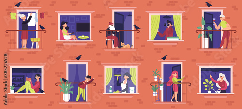 Neighbours windows. People at apartment house windows communicating, neighbours characters looking out windows frames vector illustration set. Woman watching tv, watering plant, man drinking wine