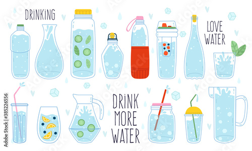 Cute water doodle. Bottle, glass, thermos and decanter of water, water drop, ice cubes and splash, hand drawn trendy vector illustration icon set. Plastic container, jar with liquid