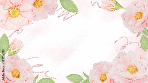 watercolor pink rose frame with rose gold glitter on splash background