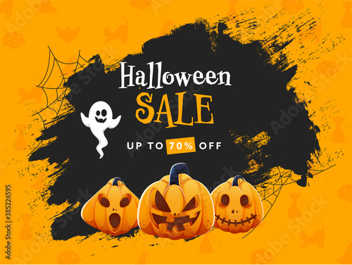 Halloween Sale Poster Design with 70% Discount Offer, Jack-O-Lanterns, Cartoon Ghost and Black Brush Grunge on Orange Background.