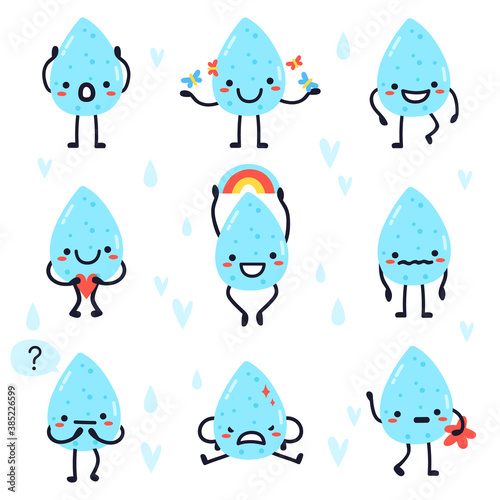 Cute water drops. Hand drawn happy water drops, raindrops, kawaii aqua droplets, water drops face expressions character vector illustration set. Characters with rainbow, heart, butterfly