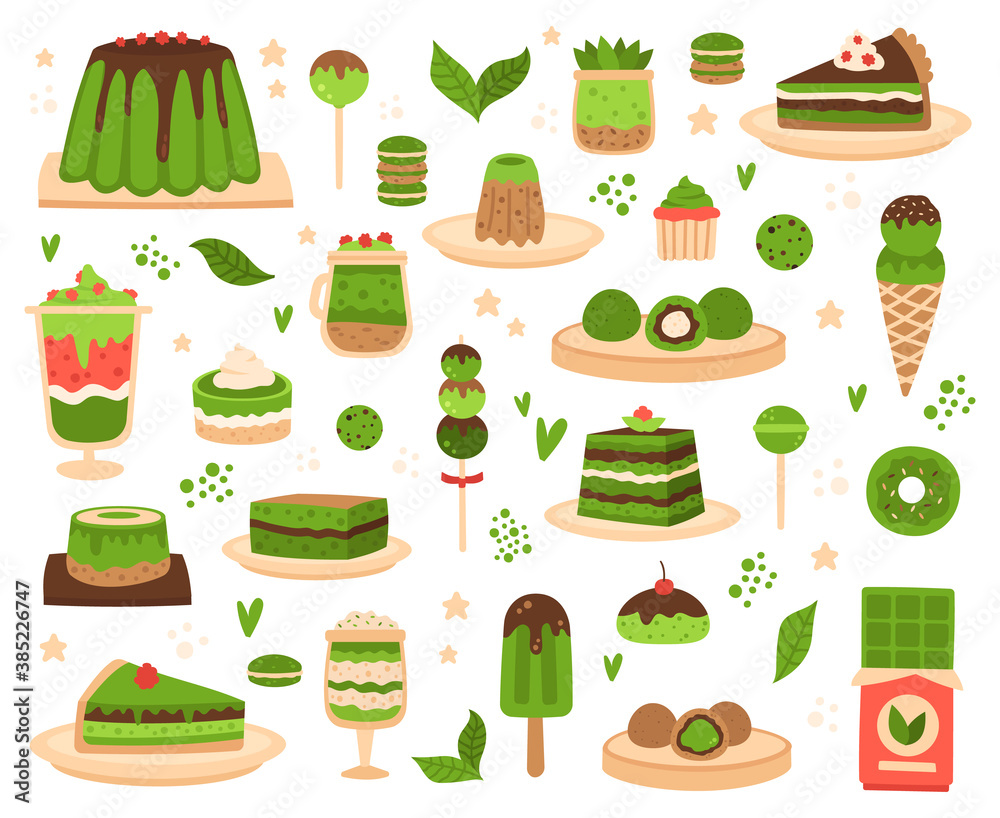 Matcha desserts. Japanese matcha powder products, mochi, ice cream, cake, macarons and pudding, matcha sweets and pastry vector illustration set. Green bakery as pie, bar of chocolate Matcha desserts. Japanese matcha powder products, mochi, ice cream, cake, macarons and pudding, matcha sweets and pastry vector illustration set. Green bakery as pie, bar of chocolate
