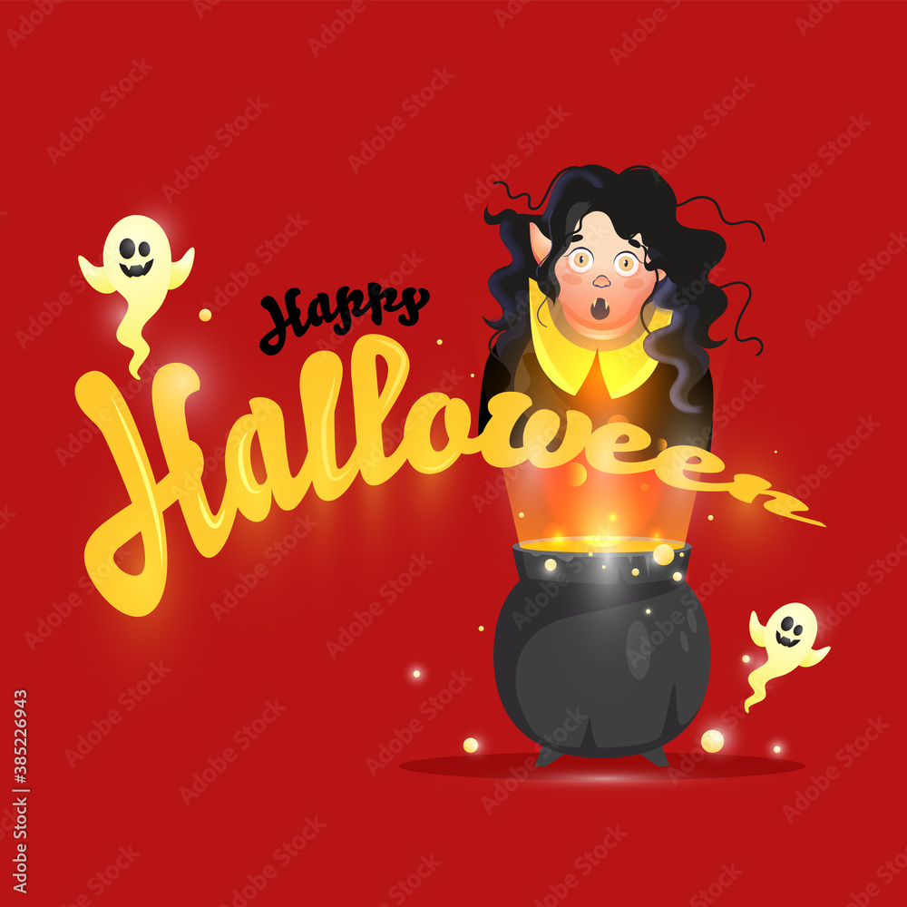 Happy Halloween Font with Cartoon Ghosts, Witch Character and Cauldron Potion on Red Background. Happy Halloween Font with Cartoon Ghosts, Witch Character and Cauldron Potion on Red Background.
