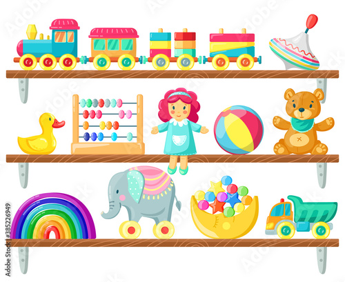 Kids toys on shelves. Baby toys on wooden shelf, ball, plush bear and doll, elements for child games and joy isolated vector illustration. Childhood, room for children with rubber duck, car