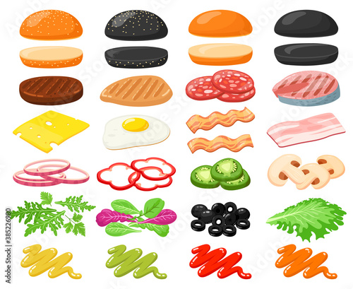 Burger ingredients. Hamburger fast food constructor, buns, veggies, cheese slices and meat, sandwich burger ingredients vector illustration set. Egg, bacon and mushrooms for hamburger