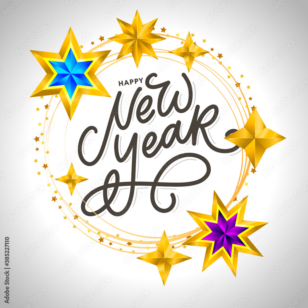 Happy New Year 2020. Lettering Composition With Stars And Sparkles. Holiday Vector Illustration frame Happy New Year 2020. Lettering Composition With Stars And Sparkles. Holiday Vector Illustration frame