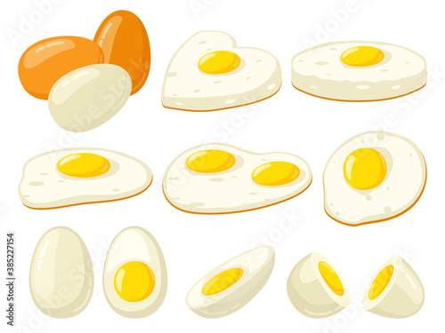 Cartoon cooked eggs. Fried, hard, soft boiled, sliced eggs with yolk, protein breakfast ingredient. Organic farm product vector illustration set. Egg halves, prepared meal in heart shape