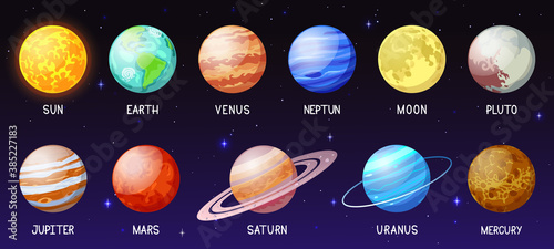 Cartoon solar system. Space planets, moon, sun, astronomical sphere earth mars mercury jupiter and venus. Galaxy space bodies vector illustration set. neptune, pluto, Uranus and moon
