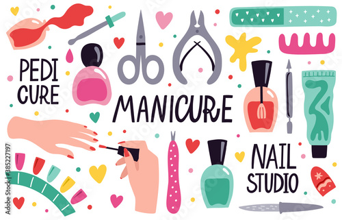Doodle manicure equipment. Nail manicure tools, scissors, nail polish, tweezers and nail file, manicure accessories vector illustration set. Beauty salon, fingernails care and treatment