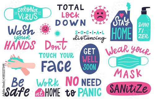 Coronavirus lettering. Covid-19 epidemic disease prevention lettering, hand washing, avoid touching face quotes sticker vector illustration set. Stay home, wearing mask, sanitizing