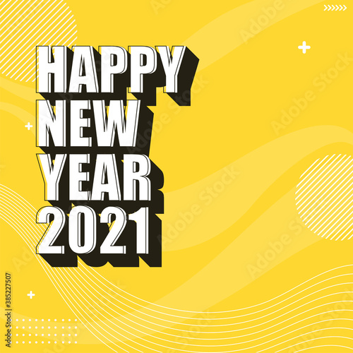 White Happy New Year 2021 Text on Yellow Abstract Waves Background.