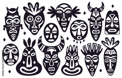 Tribal masks silhouettes. African ancient totem religion face masks, hand drawn hawaii ethnic face masks, ritual masks vector illustration set of different shape, black and white objects