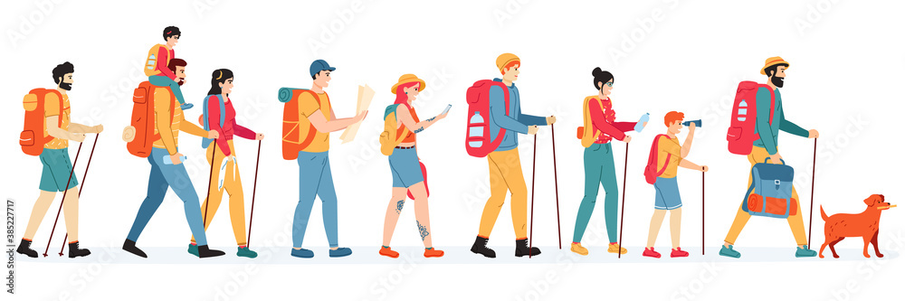 Travelling hikers. Outdoor active hikers, walking young men and women with backpacks, tourists people in trekking tour vector illustration set. Characters with map, gadget, binoculars