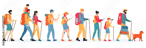 Travelling hikers. Outdoor active hikers, walking young men and women with backpacks, tourists people in trekking tour vector illustration set. Characters with map, gadget, binoculars