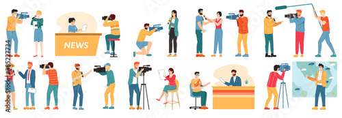 Journalist characters. Reporters, news presenter and videographers, tv show hosts characters interviewing people isolated vector illustration set. People creating TV broadcast, media work