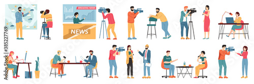 Media TV journalists. Talk show hosts, news presenters and broadcast journalist, television industry videographers crew vector illustration set. Weather forecast and breaking news hosts