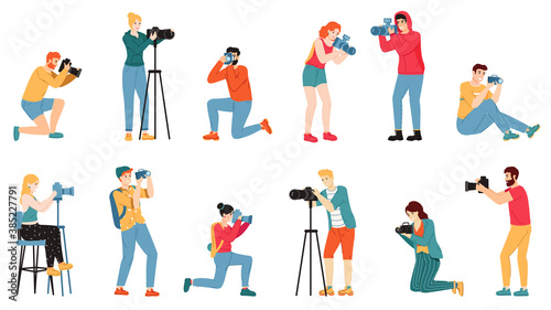 Photographer characters. Paparazzi, cameraman creative people take photo shot, reporters and journalists characters vector illustration set. Man and woman taking pictures from different angles