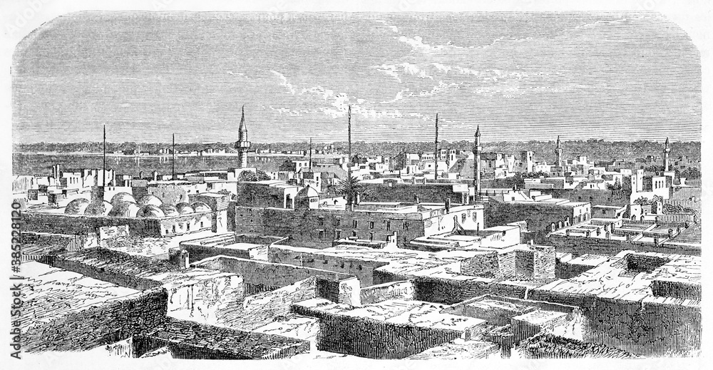 Horizontal Tripoli cityscape extending far in the distance to the north, Libya. Ancient grey tone etching style art by Lancelot, published on Le Tour du Monde, Paris, 1861