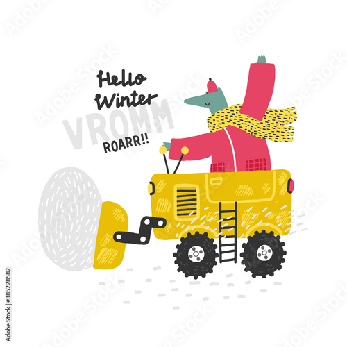 A funny alligator in a bulldozer removes snow. Snow blower. Winter postcard.
