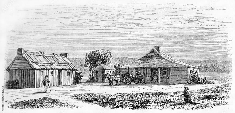 Y�ring carriage station in vast isolated Yarra barren valley, Victoria state, Australia. Ancient grey tone etching style art by Girardet, published on Le Tour du Monde, Paris, 1861 - obrazy, fototapety, plakaty 