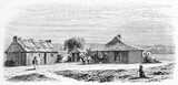 Y�ring carriage station in vast isolated Yarra barren valley, Victoria state, Australia. Ancient grey tone etching style art by Girardet, published on Le Tour du Monde, Paris, 1861