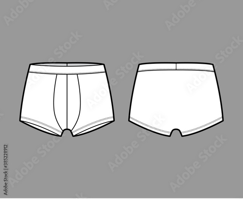 Trunks underwear technical fashion illustration with elastic waistband, Athletic-style skin-tight. Flat short-leg boxer briefs Underpants template front back white color. Women men unisex CAD mockup