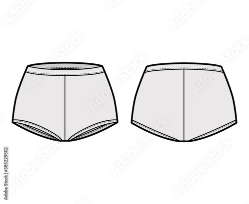 Boyleg briefs boxers technical fashion illustration with mid waist rise, full hips coverage. Flat boyshorts panties lingerie template front, back, grey color. Women men unisex underwear CAD mockup