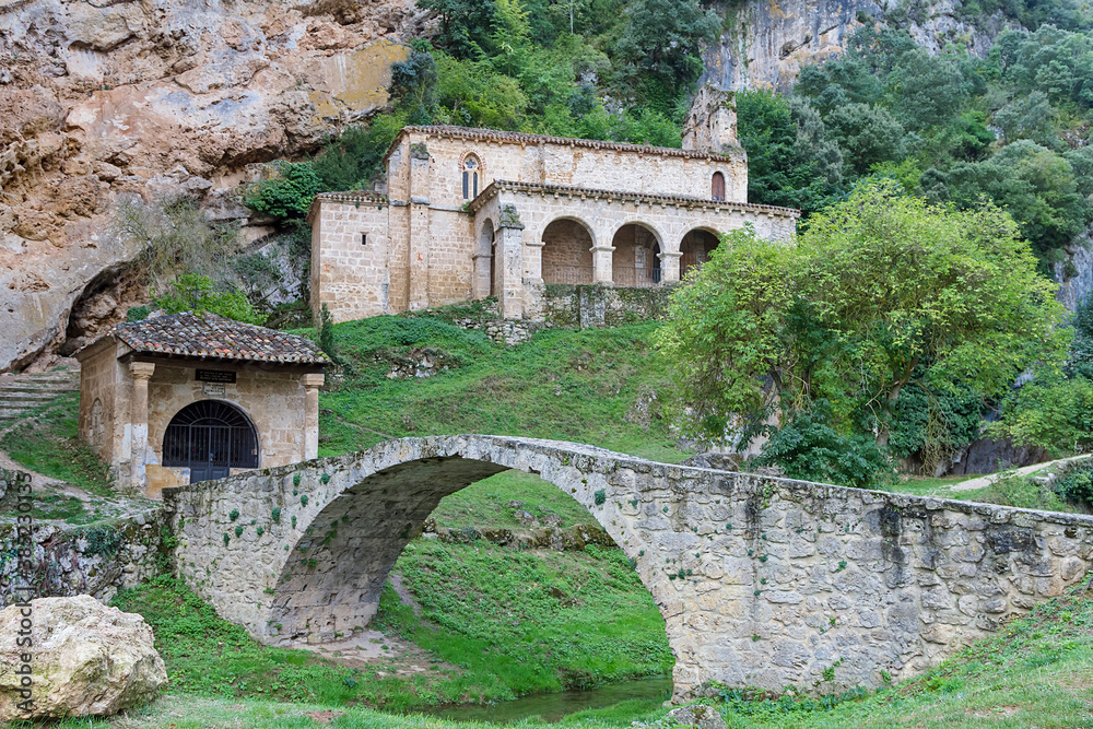 Tobera town romanesque singular church and waterfalls in Burgos province, Spain.