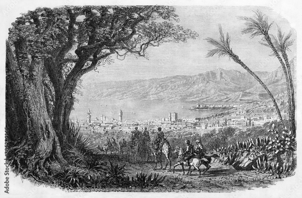 Fototapeta premium Old Beirut cityscape and sea, Lebanon, from nearby hill with path leading horseback people to it. Ancient grey tone etching style art by Grandsire, Le Tour du Monde, Paris, 1861