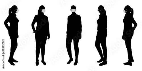 Vector concept conceptual  silhouette women taking while social distancing as means of prevention and protection against coronavirus contamination. A metaphor for the new normal.