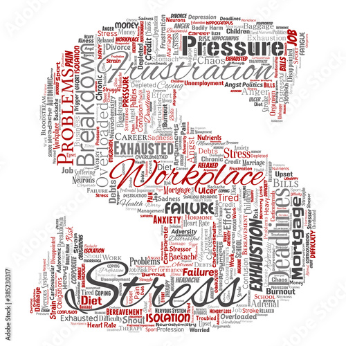 Vector conceptual mental stress at workplace or job pressure human letter font S word cloud isolated background. Collage of health, work, depression problem, exhaustion, breakdown, deadlines risk