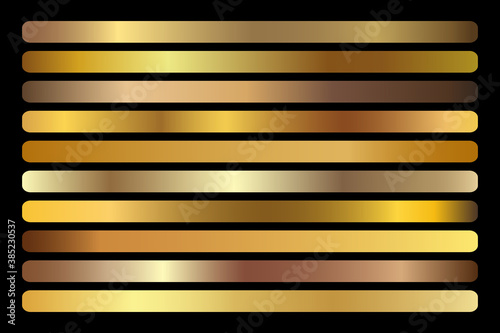 Gold Gradient vector set. Shiny, elegant golden, bronze, copper gradation colors
