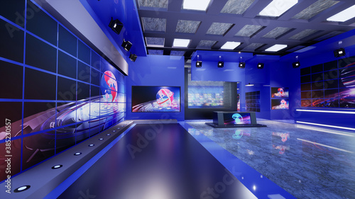 3D Virtual TV Studio News With blue walls  3d illustration