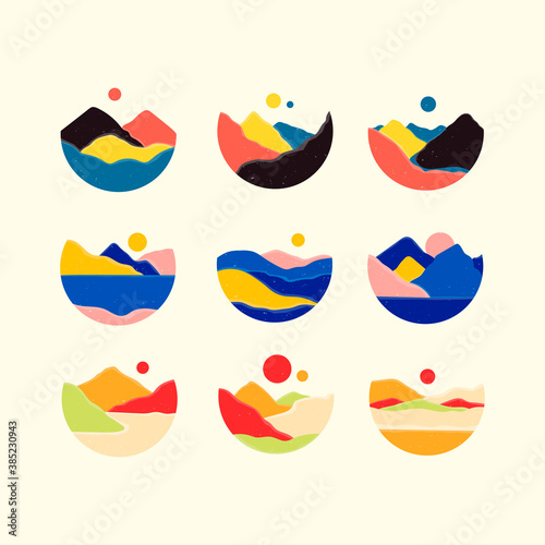 Mountains, river, sea view. Hills, sun, Moon. Round Icons. Flat Abstract design. Scandinavian style landscapes. Big Set of hand drawn trendy Vector illustrations. Wallpaper Templates for stories
