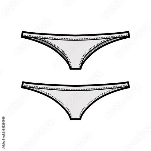 Tangas technical fashion illustration with elastic waistband, low rise, medium hips coverage. Flat Mini briefs knickers lingerie template front, back, grey color. Women men unisex underwear CAD mockup