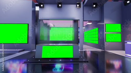 3D Virtual TV Studio News with green screen, 3d illustration © MUS_GRAPHIC