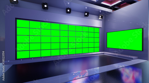3D Virtual TV Studio News with green screen  3d illustration
