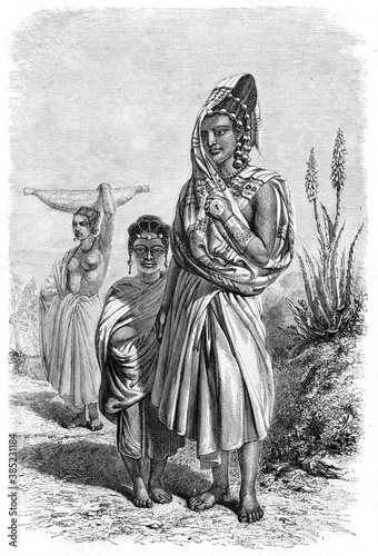 Portrait of Mariam, Alamami's woman, Alamami's grandson and sclave ethnic costume dressed. Ancient grey tone etching style art by Erahrd and Bonaparte, Le Tour du Monde, Paris, 1861