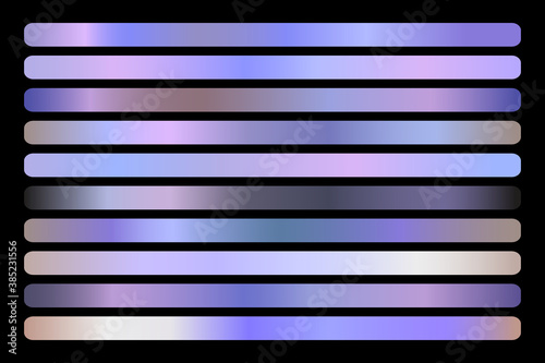 Holographic Gradient vector set. Shiny, holographic, pearl, neon, chrome metallic, light purple gradation colors