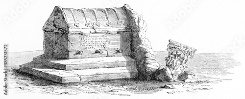 Single ruined Greek tomb and corinthian capital in Sivrihisar, central Anatolia, Turkey. Ancient grey tone etching style art by Pelcoq, Le Tour du Monde, Paris, 1861