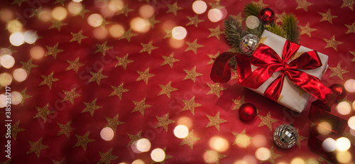 Merry Christmas and Happy New Year  Holidays greeting card with blurred bokeh background