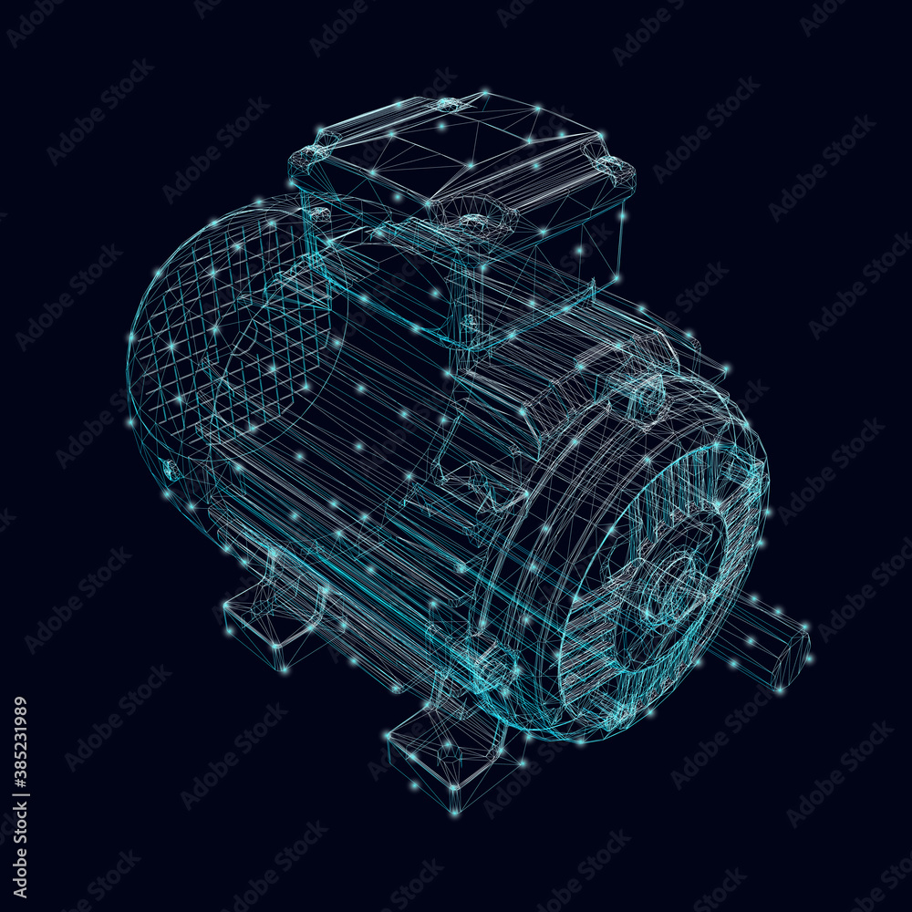 Electric motor frame made of blue lines with glowing lights on a dark background. Isometric view. 3D. Vector illustration - obrazy, fototapety, plakaty 