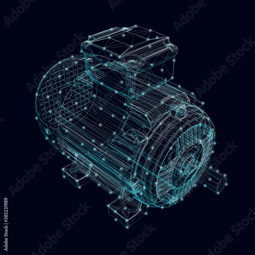 Canvas-taulu Electric motor frame made of blue lines with glowing lights on a dark background