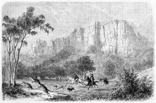 horseback people with dogs hunting kangaroo in a vast australian wild landscape. Ancient grey tone etching style art by Girardet, Le Tour du Monde, Paris, 1861 photo