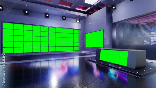 3D Virtual TV Studio News with green screen, 3d illustration