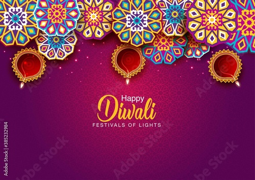 Happy Diwali celebration background. Top view of banner design decorated with illuminated oil lamps on patterned yellow background. vector illustration