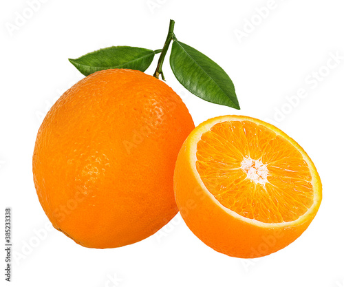 Juicy orange with leaves isolated on white background with clipping path