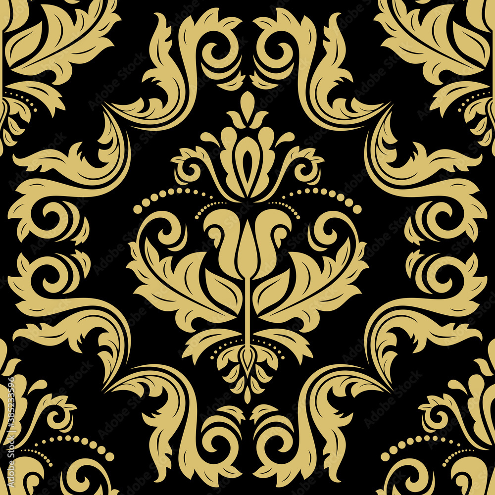 Classic black and golden seamless vector pattern. Damask orient ornament. Classic vintage background. Orient ornament for fabric, wallpaper and packaging Classic black and golden seamless vector pattern. Damask orient ornament. Classic vintage background. Orient ornament for fabric, wallpaper and packaging