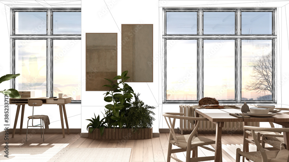 Unfinished project, under construction draft, concept interior design sketch, real modern minimal wooden living and dining room with blueprint background, architect and designer idea